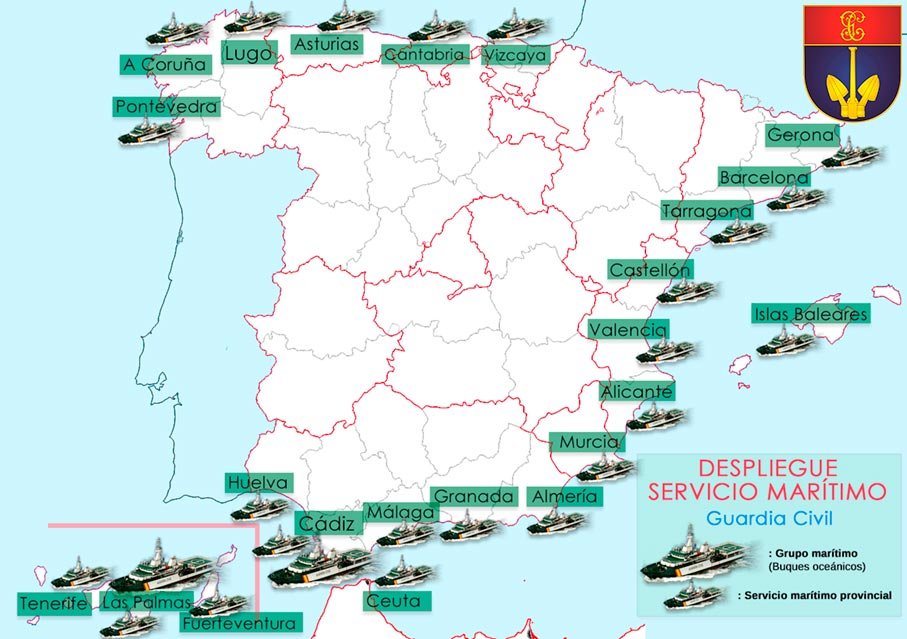 Mapa de la distribución en España del Servicio Marítimo (SEMAR)