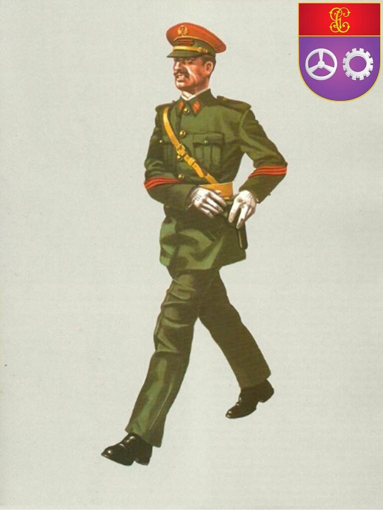 Uniforme histórico de la Guardia Civil vinculado a funciones de conducción y servicios móviles.