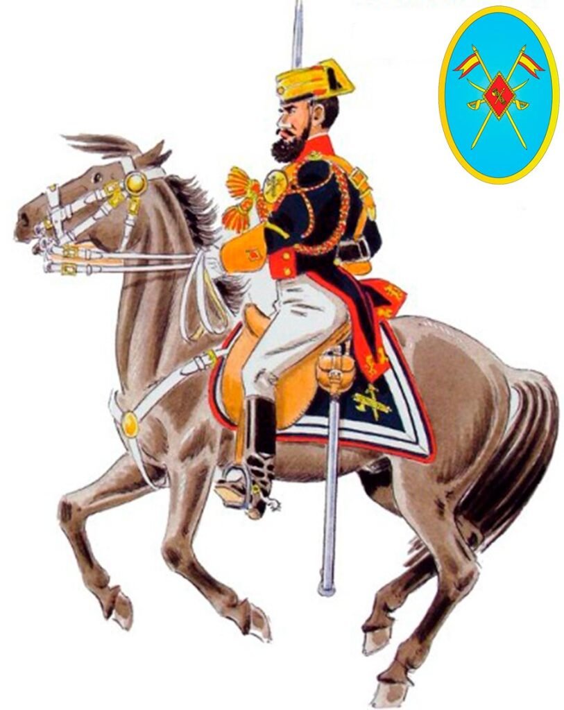 Ilustración antigua de guardia civil montado con uniforme histórico.