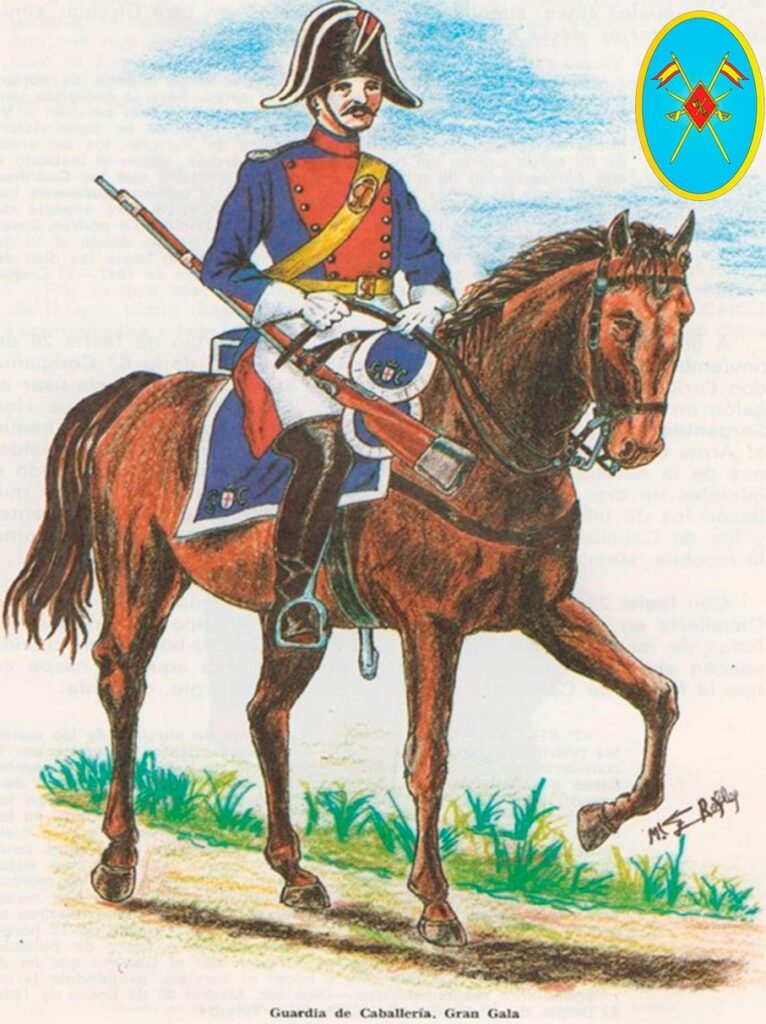 Ilustración histórica de un guardia de caballería en uniforme de gran gala montado a caballo.
