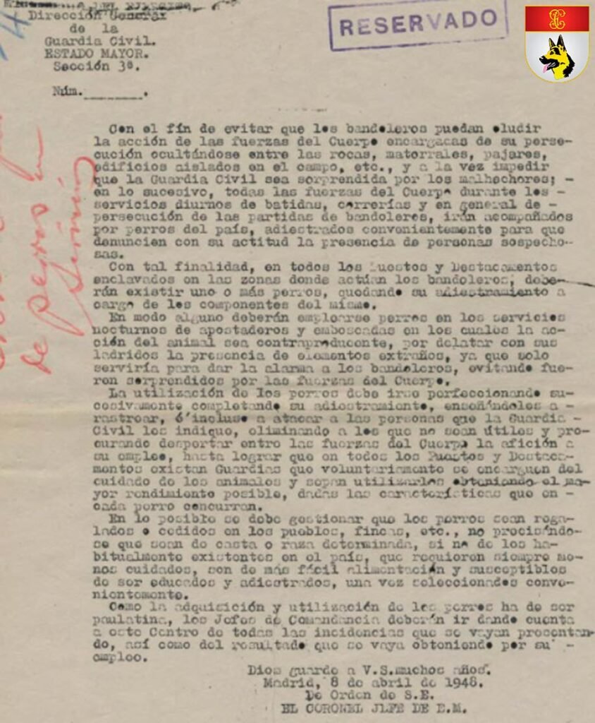 Orden oficial de 1948 sobre utilización de perros en la Guardia Civil