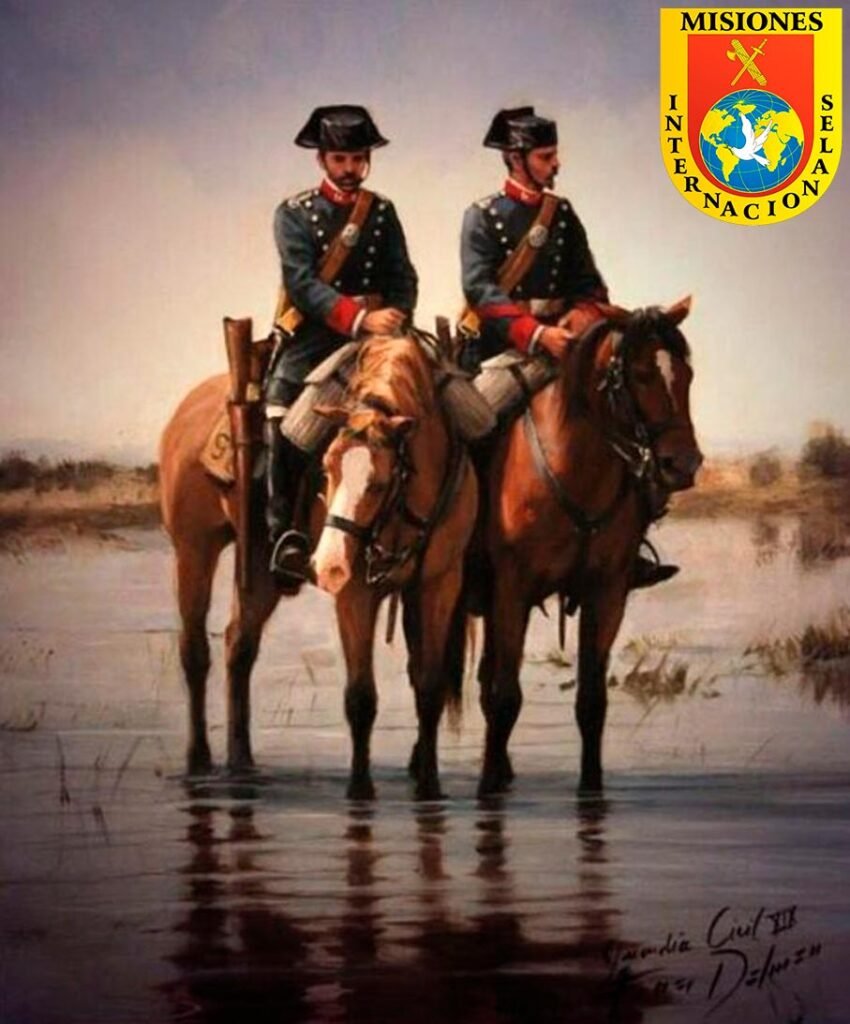 Guardias civiles del siglo XIX a caballo en las primeras misiones internacionales, obra de Ferrer Dalmau