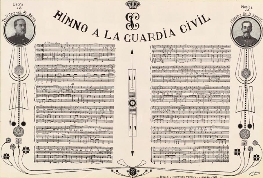 Partitura original del Himno de la Guardia Civil con letra de José Osuna Pineda
