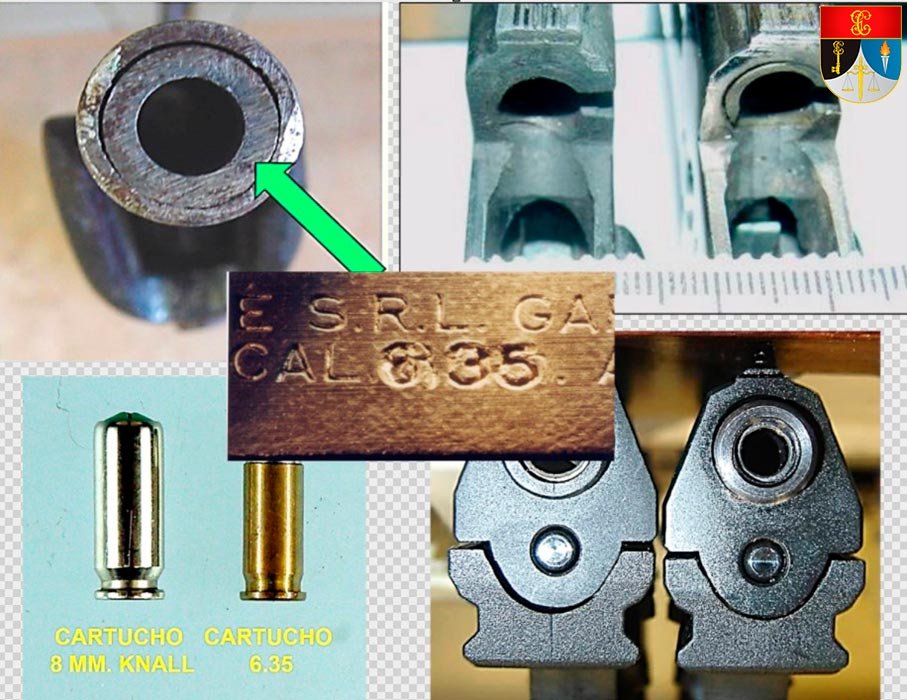 Comparativa entre un cartucho 8 mm Knall y un cartucho 6,35 junto a un cañón modificado y el marcaje "CAL 6.35"
