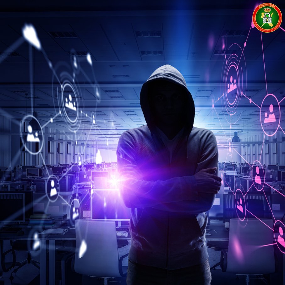 Ilustración de un ciberdelincuente encapuchado frente a una red de conexiones digitales