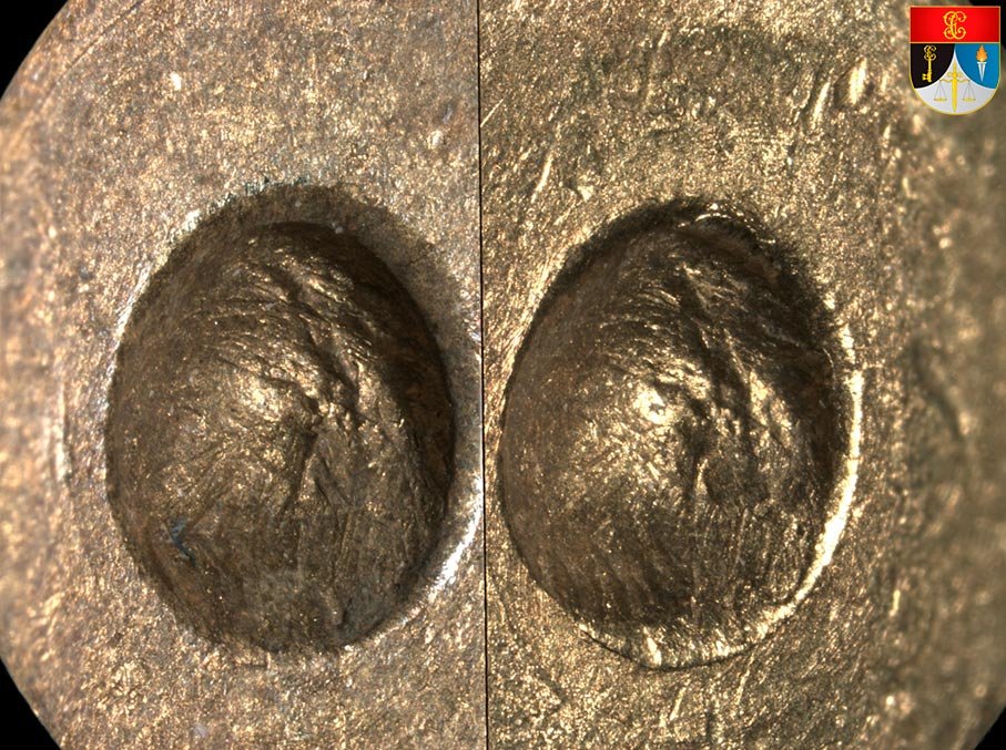 Cotejo al microscopio comparador de dos marcas de percutor en culotes de vainas