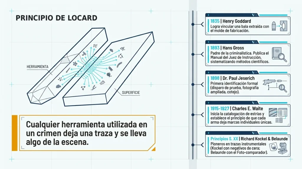Principio de intercambio de Locard y cronología de pioneros de la balística y las trazas instrumentales
