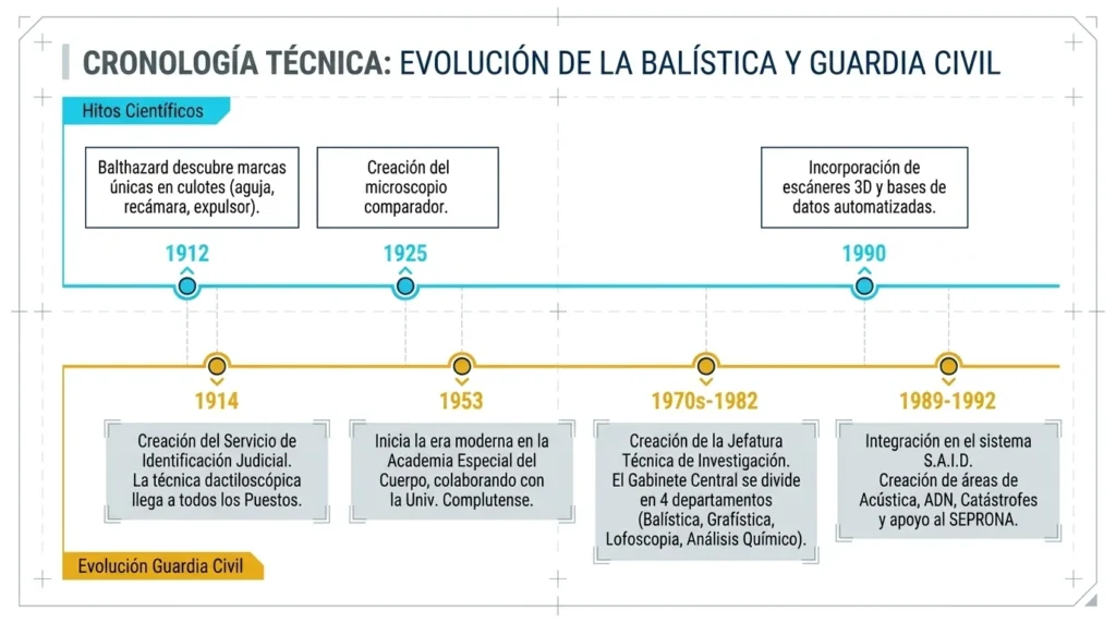 Cronología de hitos científicos de la balística y de la evolución de la Criminalística en la Guardia Civil entre 1912 y 1992