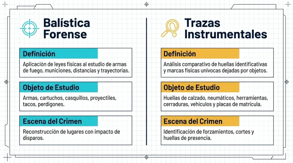 Comparativa entre balística forense y trazas instrumentales: definición, objeto de estudio y trabajo en la escena del crimen