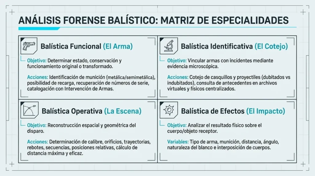 Matriz de la balística funcional, identificativa, operativa y de efectos con su objetivo y acciones