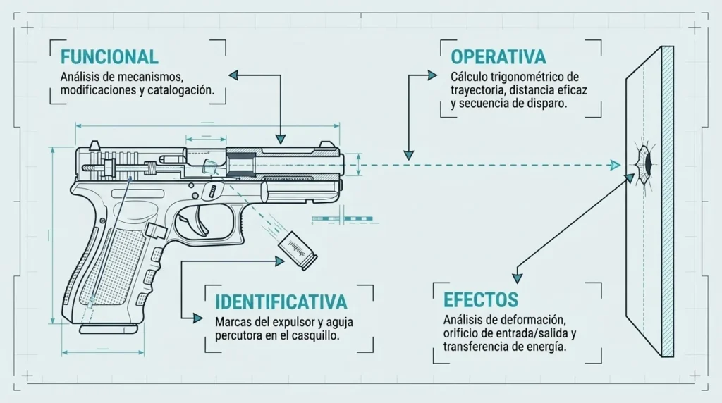 Esquema de una pistola y un impacto que ilustra la balística funcional, identificativa, operativa y de efectos