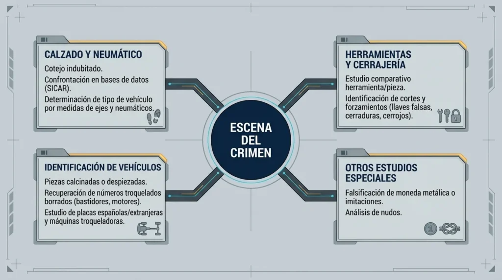 Áreas de trazas instrumentales: calzado y neumáticos, herramientas y cerrajería, identificación de vehículos y otros estudios