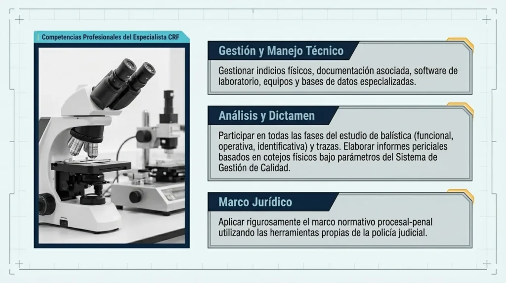 Competencias profesionales del especialista CRF: gestión técnica, análisis y dictamen, y marco jurídico