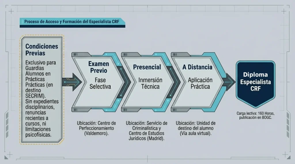 Proceso de acceso al curso CRF: condiciones previas, examen previo, fase presencial, fase a distancia y diploma