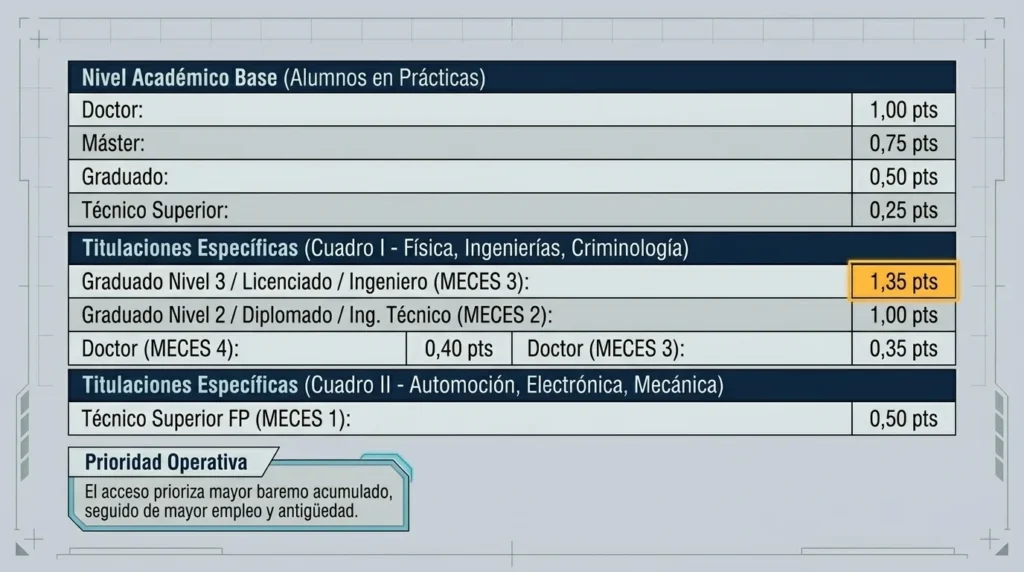 Baremo de niveles académicos y titulaciones de los cuadros I y II para el curso de Criminalística Física