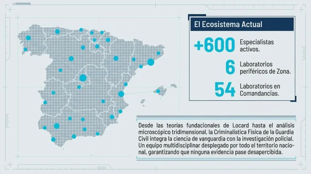 Mapa de España con los datos de la Criminalística de la Guardia Civil: más de 600 especialistas, 6 laboratorios de Zona y 54 de Comandancia