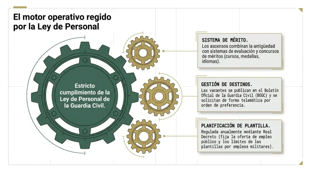 Esquema de engranajes con el sistema de mérito, la gestión de destinos y la planificación de plantilla según la Ley de Personal de la Guardia Civil