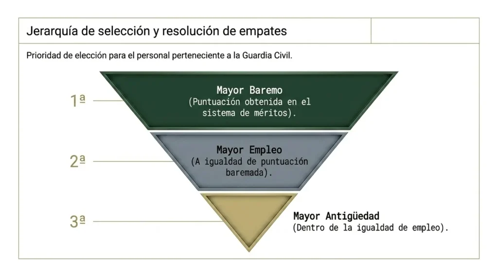 Pirámide invertida con la prioridad de selección del curso: mayor baremo, mayor empleo y mayor antigüedad