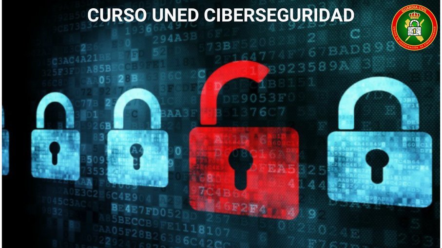 Candados digitales sobre código informático, uno de ellos abierto en rojo, con el rótulo Curso UNED Ciberseguridad