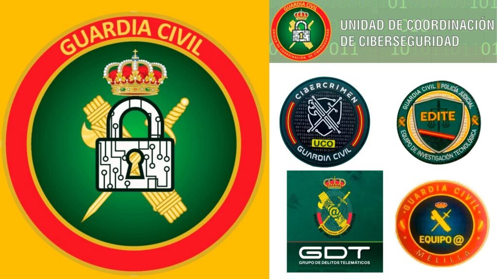 Emblemas de las unidades de ciberseguridad de la Guardia Civil: Unidad de Coordinación de Ciberseguridad, Cibercrimen UCO, GDT, EDITE y Equipo @