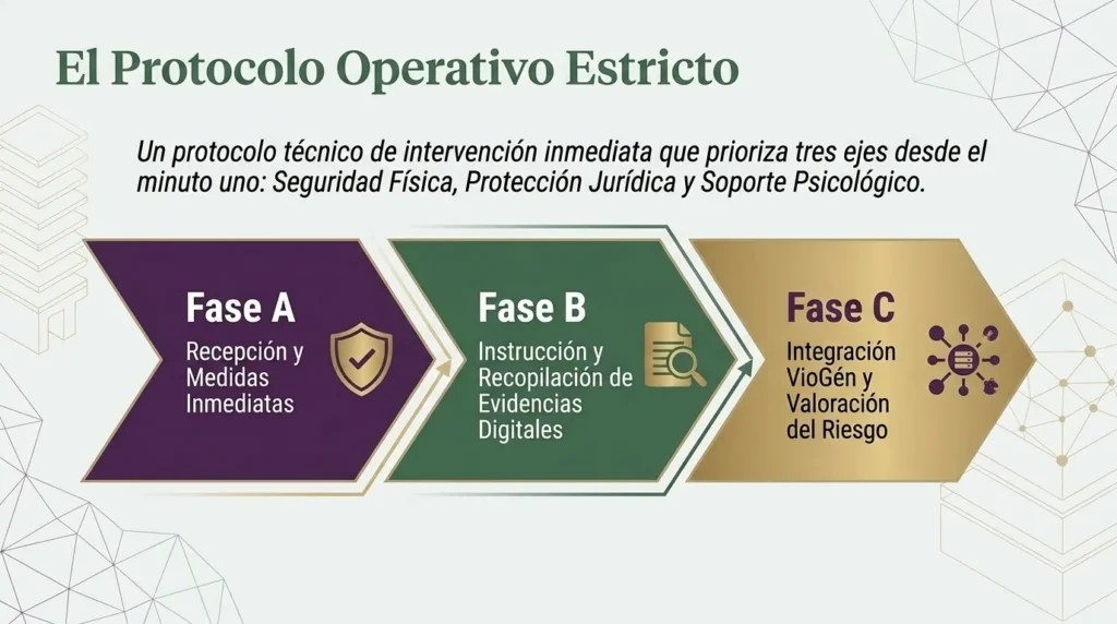Protocolo operativo del EMUME en tres fases: recepción, instrucción y valoración del riesgo con VioGén