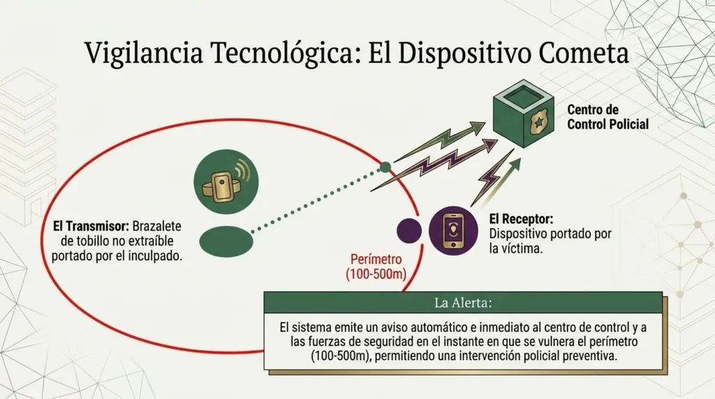 Funcionamiento del dispositivo Cometa: transmisor del agresor, receptor de la víctima, perímetro de 100 a 500 metros y alerta al centro de control