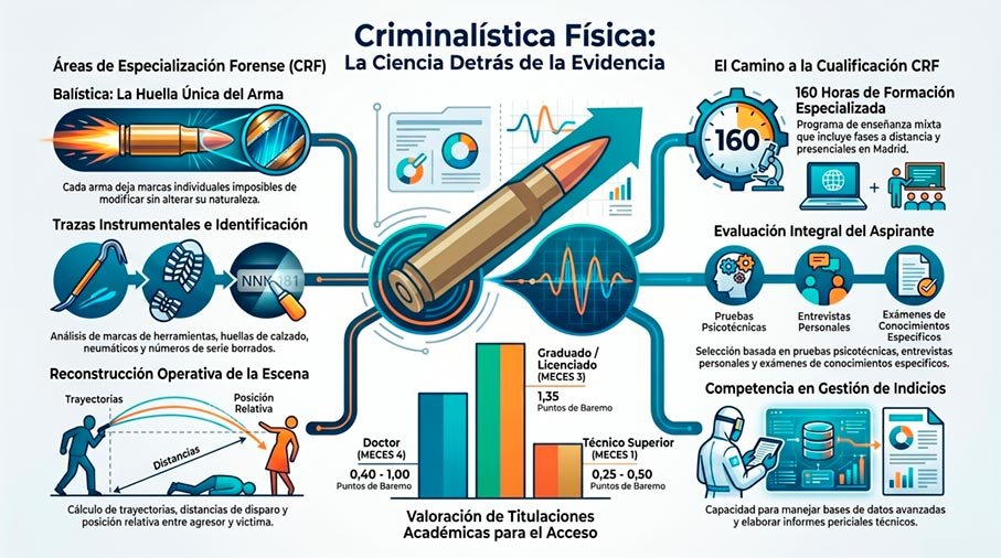 Infografía de Criminalística Física: áreas de balística y trazas instrumentales, curso CRF de 160 horas, pruebas de acceso y baremo de titulaciones