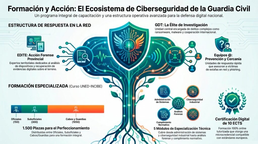 Infografía del ecosistema de ciberseguridad de la Guardia Civil: GDT, EDITE, Equipos @ y curso UNED-INCIBE de 1.500 plazas y 10 ECTS