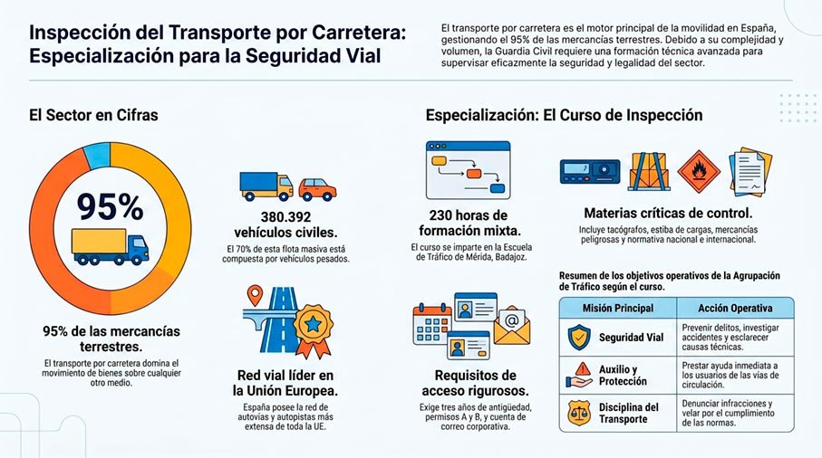 Infografía del curso de inspección del transporte por carretera de la Guardia Civil: datos del sector, 230 horas de formación, materias y requisitos