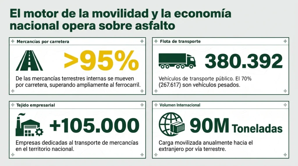 Cifras del transporte por carretera en España: más del 95% de las mercancías terrestres, 380.392 vehículos, más de 105.000 empresas y 90 millones de toneladas