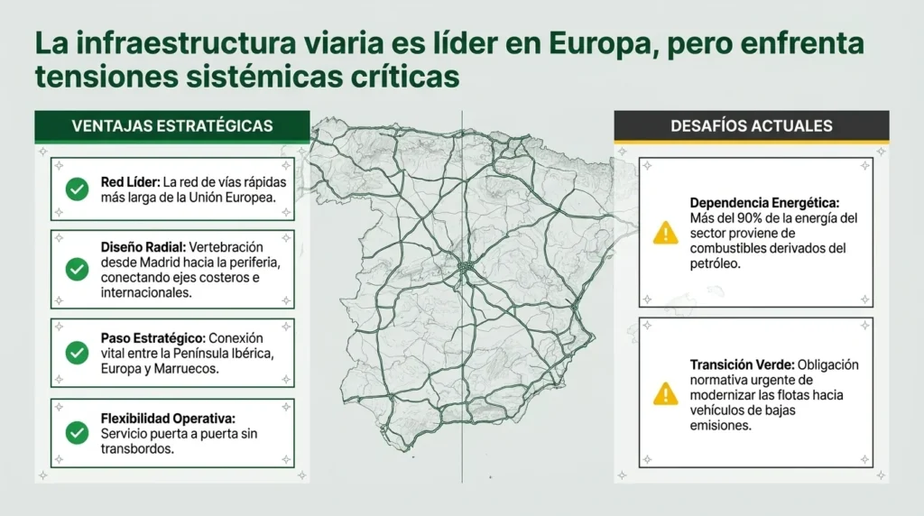 Mapa de la red de carreteras de España con las ventajas estratégicas y los desafíos actuales del transporte por carretera