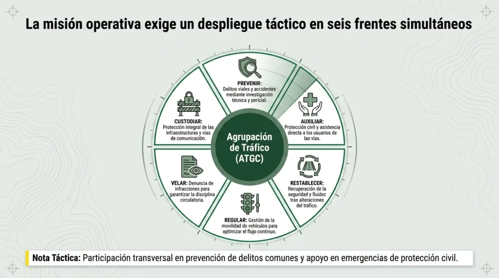 Esquema circular de la misión de la Agrupación de Tráfico: prevenir, auxiliar, restablecer, regular, velar y custodiar
