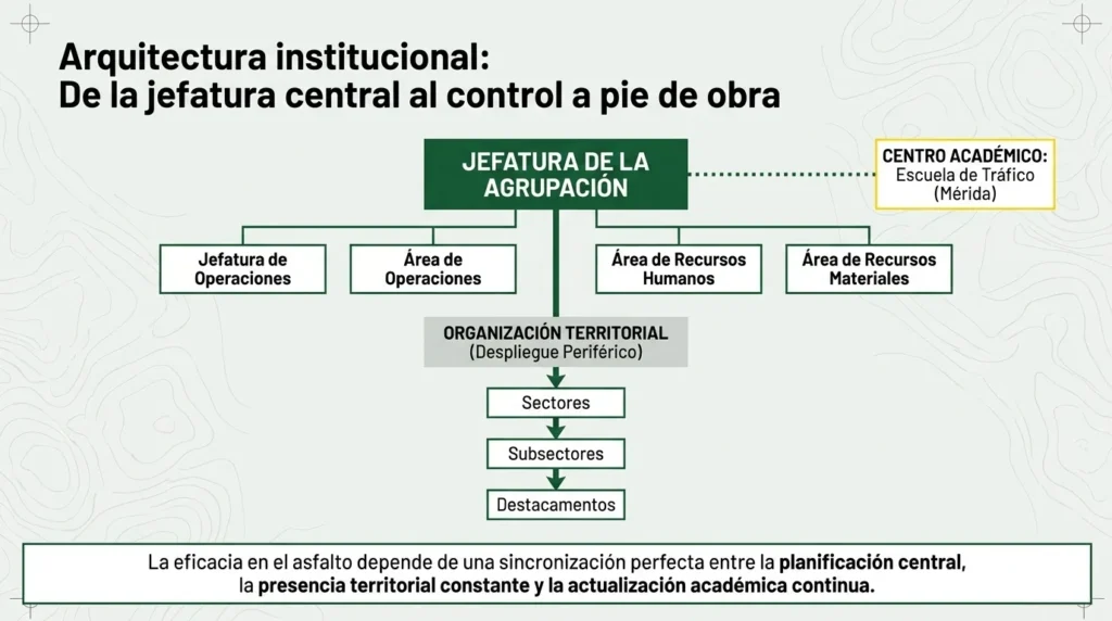 Organigrama de la Agrupación de Tráfico con su Jefatura, áreas centrales, Escuela de Tráfico y organización en Sectores, Subsectores y Destacamentos