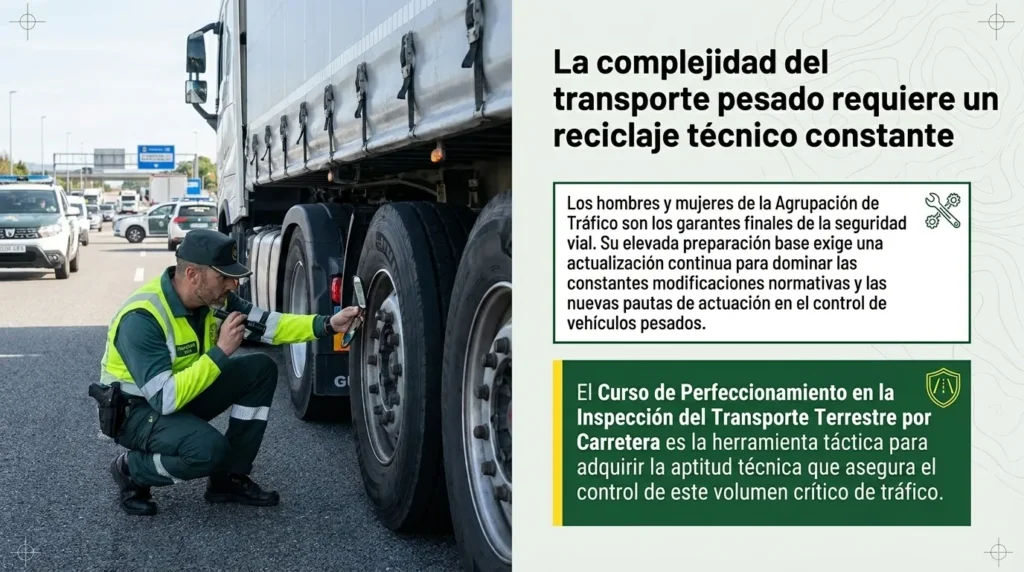 Guardia civil de Tráfico revisando la rueda de un camión, junto al texto sobre la necesidad de formación continua en transporte pesado