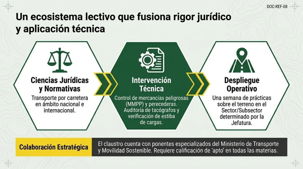 Temario del curso: ciencias jurídicas, mercancías peligrosas y perecederas, tacógrafos y estiba de cargas, y una semana de prácticas