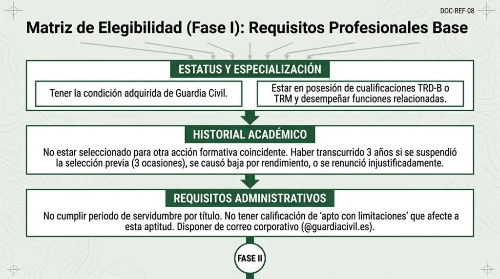 Requisitos de acceso al curso de inspección del transporte: condición de guardia civil, cualificación TRD-B o TRM, historial académico y requisitos administrativos