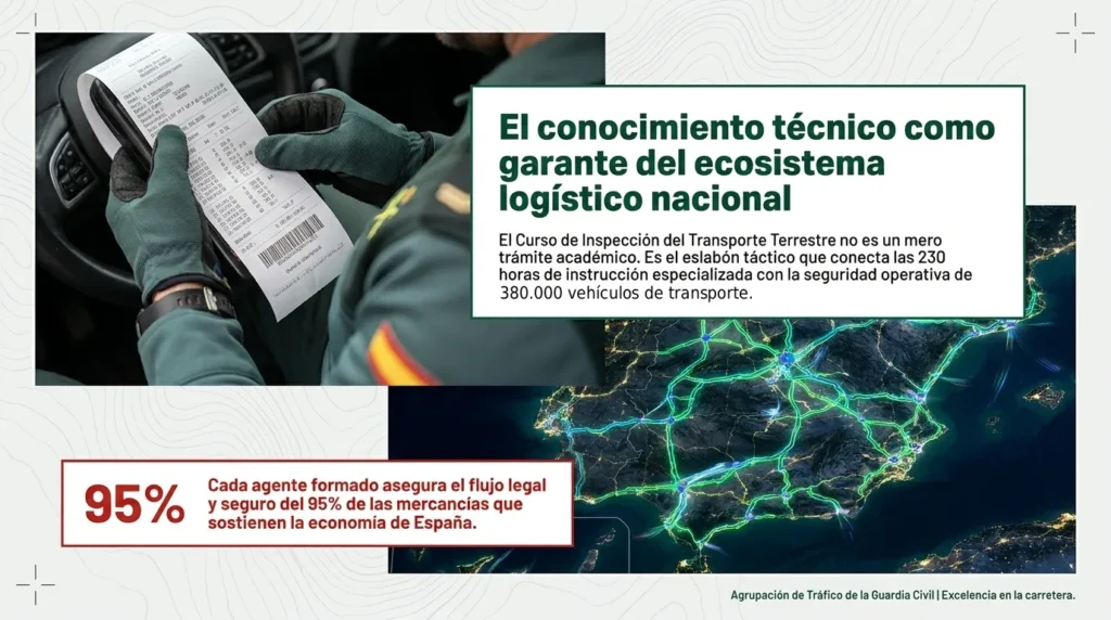 Agente de la Guardia Civil revisando un tique de tacógrafo junto a un mapa de la red viaria española iluminada