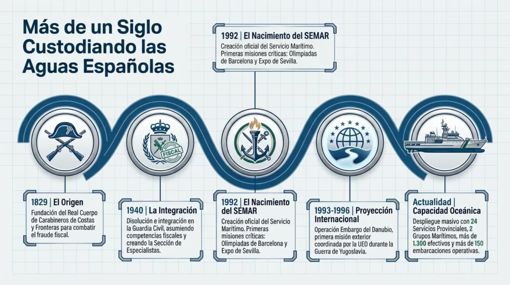 Línea temporal del Servicio Marítimo desde los Carabineros de 1829 hasta su capacidad oceánica actual