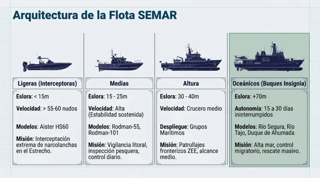 Comparativa de la flota del SEMAR: patrulleras ligeras, medias, de altura y buques oceánicos