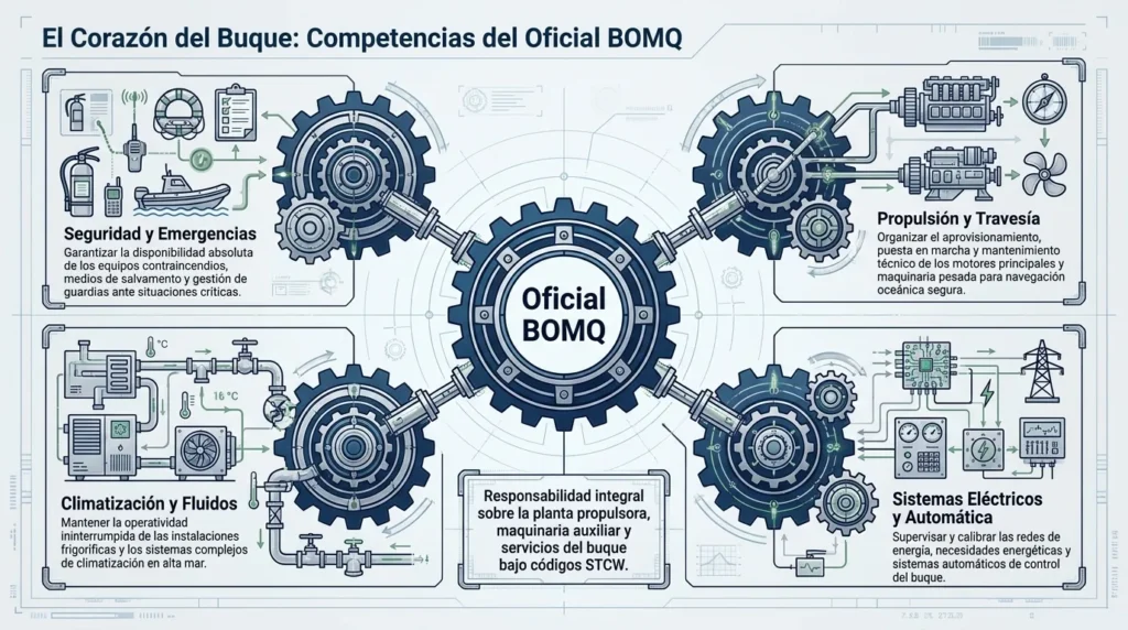 Esquema de engranajes con las competencias del oficial de máquinas BOMQ: propulsión, sistemas eléctricos, climatización y seguridad