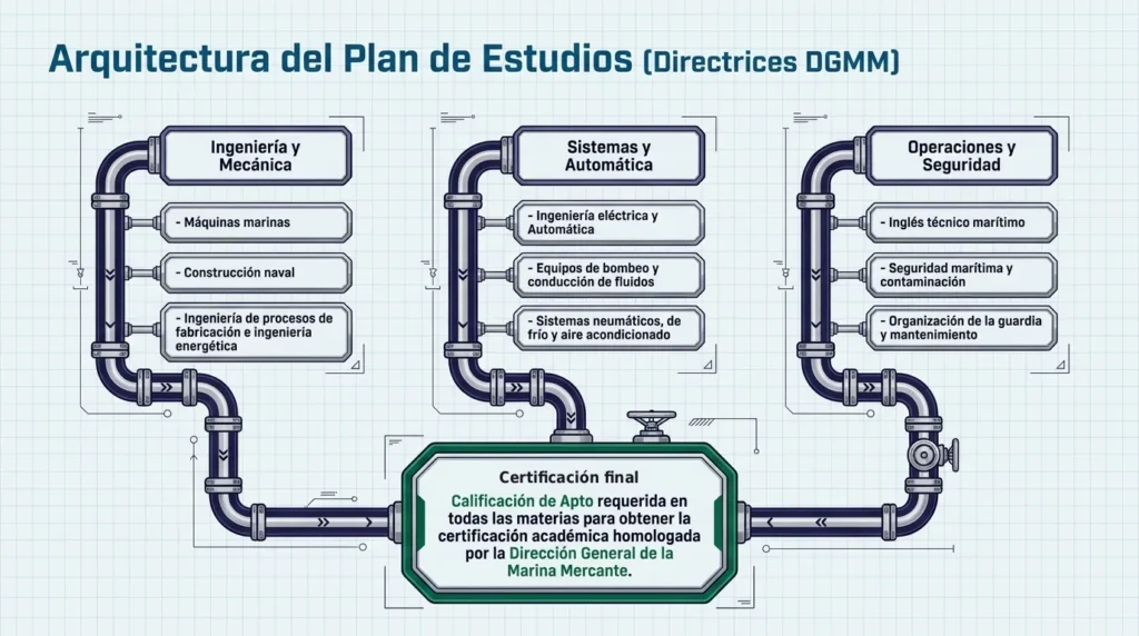 Esquema del plan de estudios del curso BOMQ según la Dirección General de la Marina Mercante