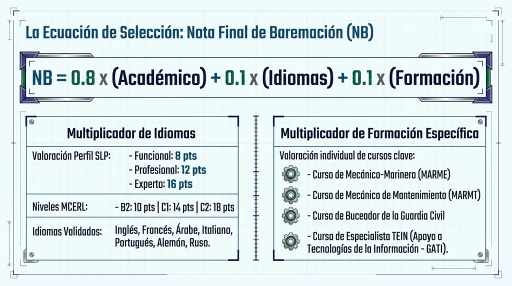 Fórmula de la nota de baremación del curso BOMQ con la valoración de idiomas y formación específica