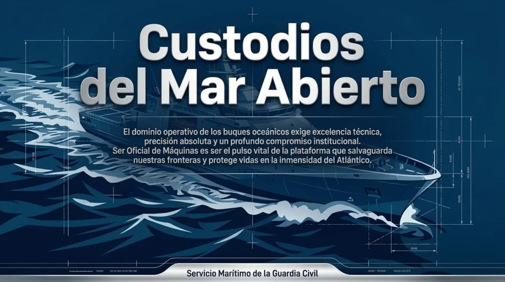 Ilustración de un buque oceánico navegando con el lema Custodios del Mar Abierto del Servicio Marítimo